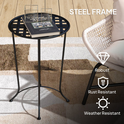 16" Round Outdoor Table, Small Patio Side Table, Metal End Table Plant Stand with Grid Top for Indoor, Garden, Black