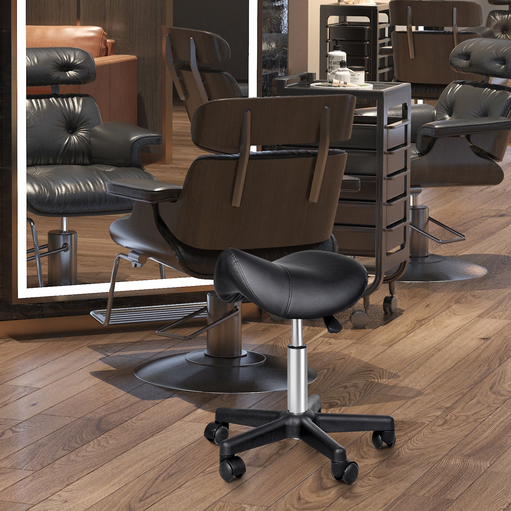 Saddle Stool, PU Leather Rolling Stool with Wheels, Adjustable Salon Chair for Kitchen, Salon Spa, Bar, Home Office, Mas