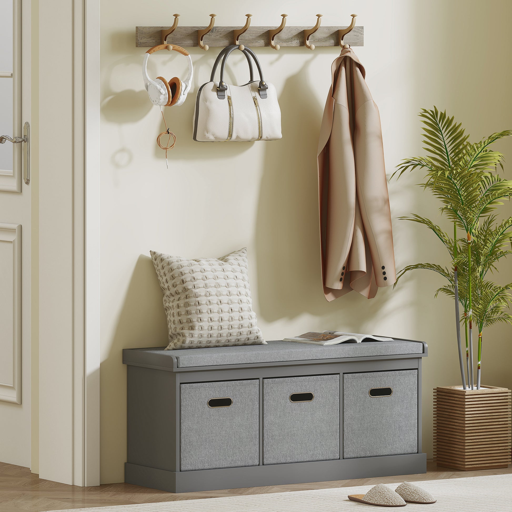 Shoe Storage Bench with Seat, Entryway Bench Seat with Cushion, 3 Fabric Drawers for Hallway, Dark Grey