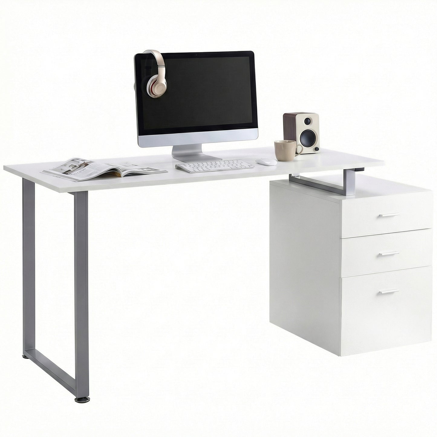 47" Computer Desk Writing Table Workstation with Multi-Use Reversible File Drawers Metal Frame Home Office Furniture, Wh