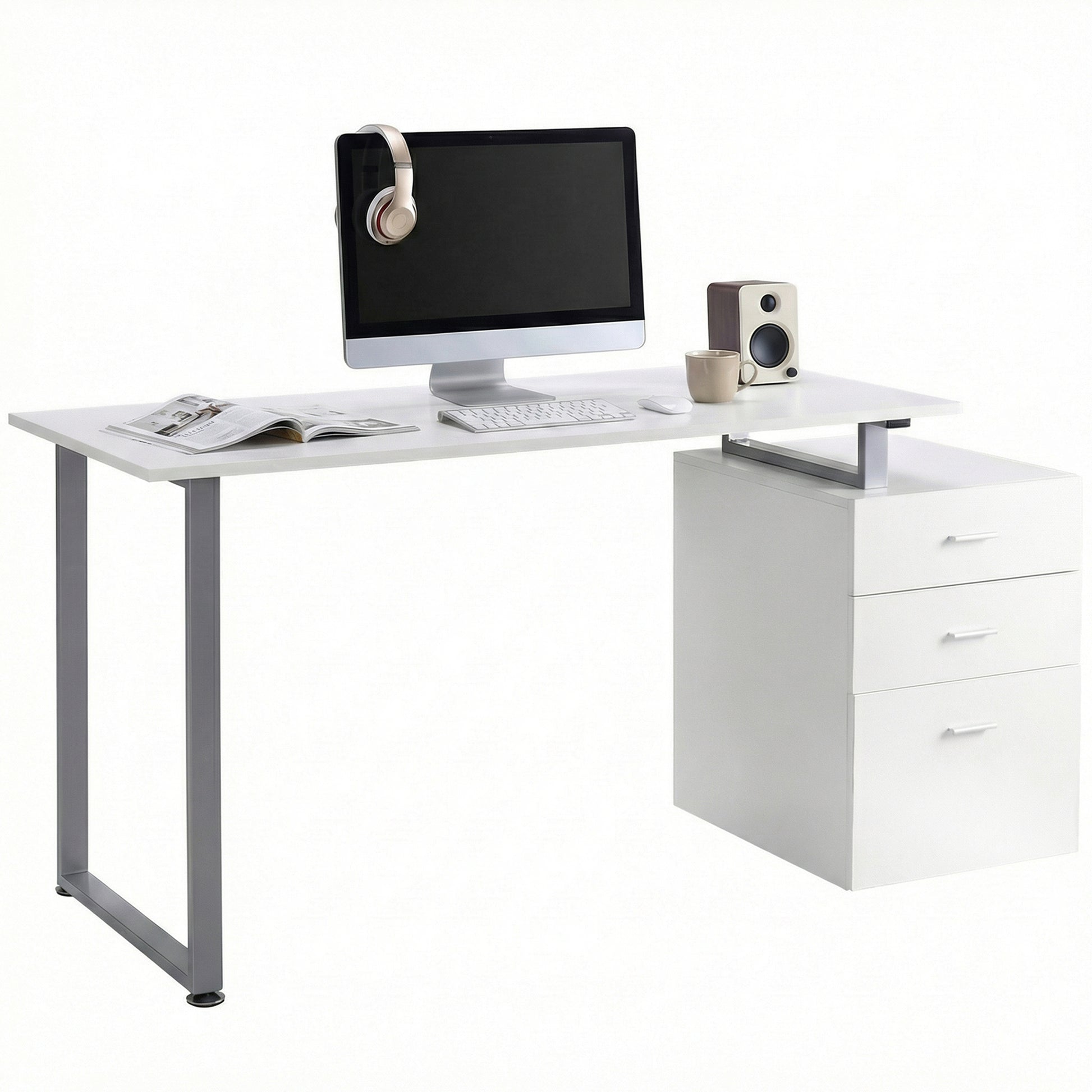 47" Computer Desk Writing Table Workstation with Multi-Use Reversible File Drawers Metal Frame Home Office Furniture, Wh