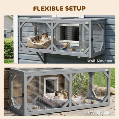 Cat Tunnel, Wooden Catio Outdoor Cat Enclosure with 2 Doors and Extendable Design, Wall-Mounted Pet Run