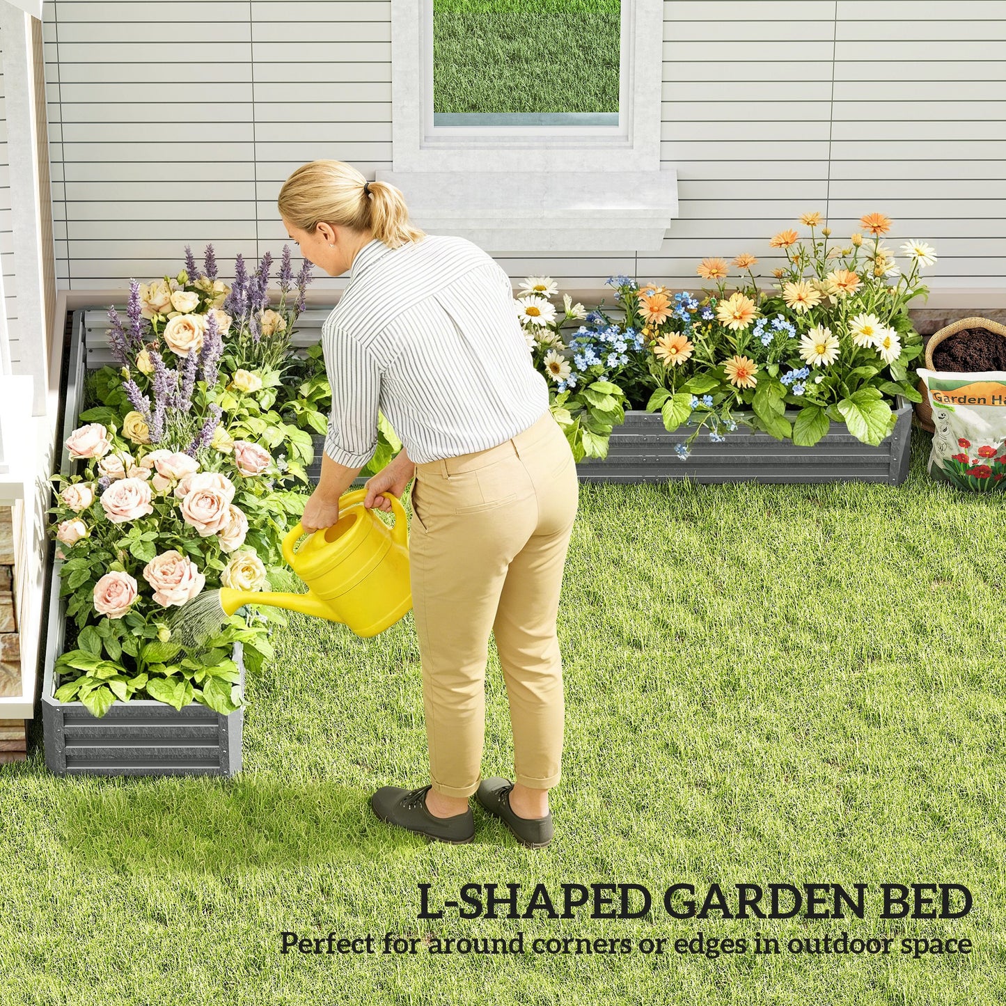 L-Shaped Raised Garden Bed, 82" x 109" x 12" Galvanized Steel Planter Box with Multi-reinforced Rods for Vegetables, Flo