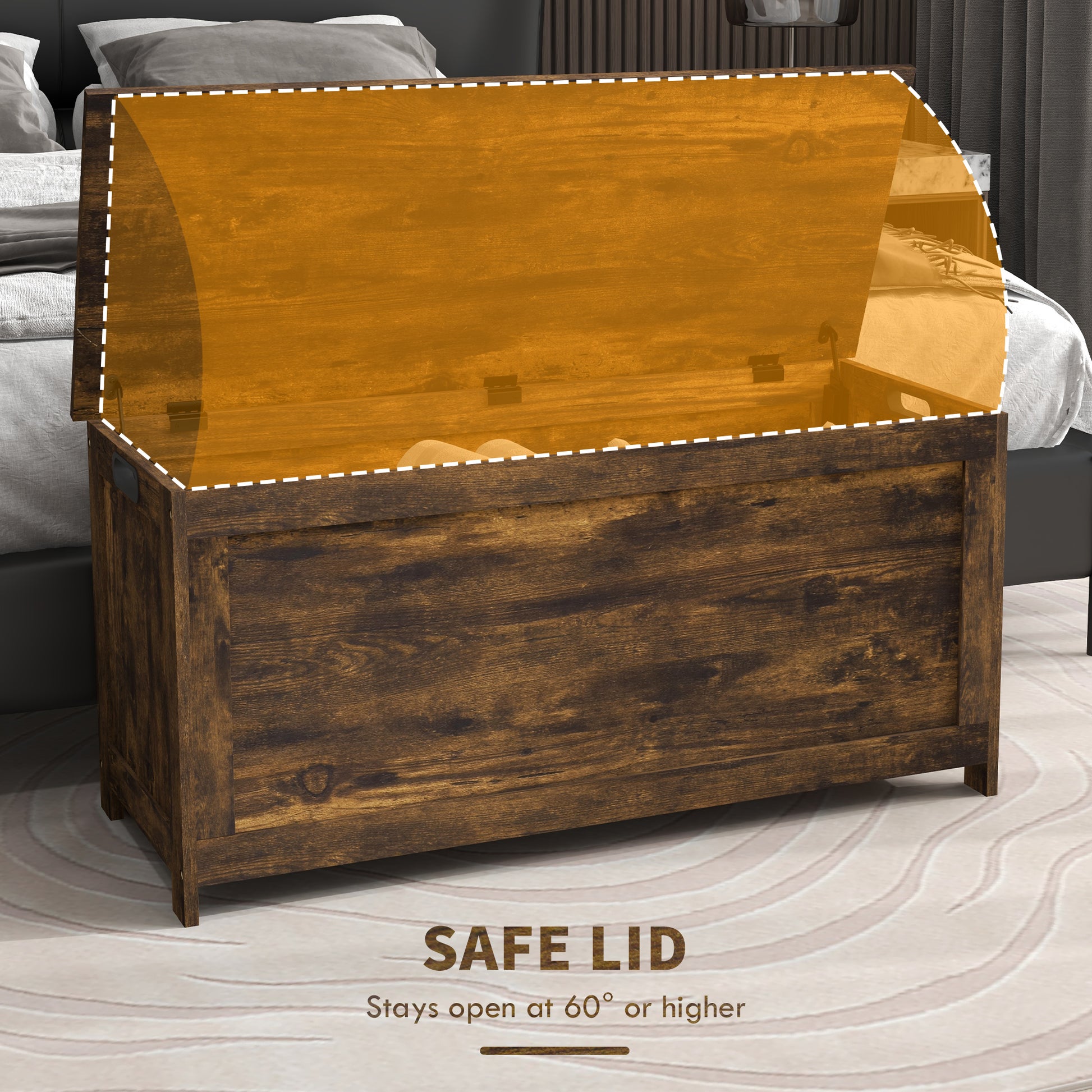 Storage Trunk with 2 Safety Hinges, Modern Entryway Bench with Side Handles, Storage Chest for Living Room, Rustic Brown