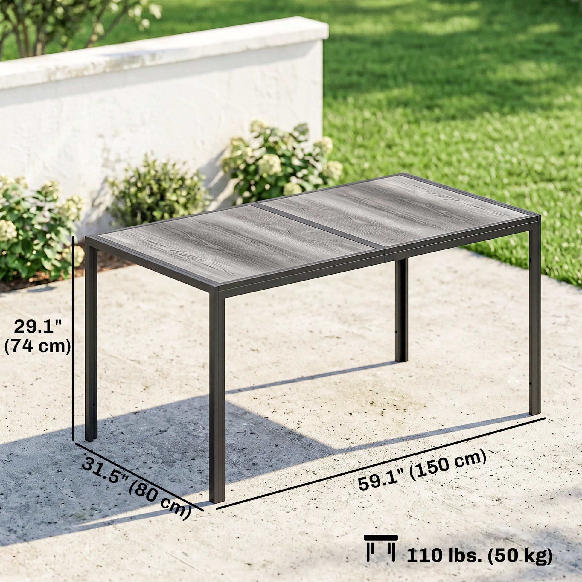 Outdoor Dining Table for 4-6, 59" Outdoor Patio Table with Metal Legs, Wood-Effect Top, Grey
