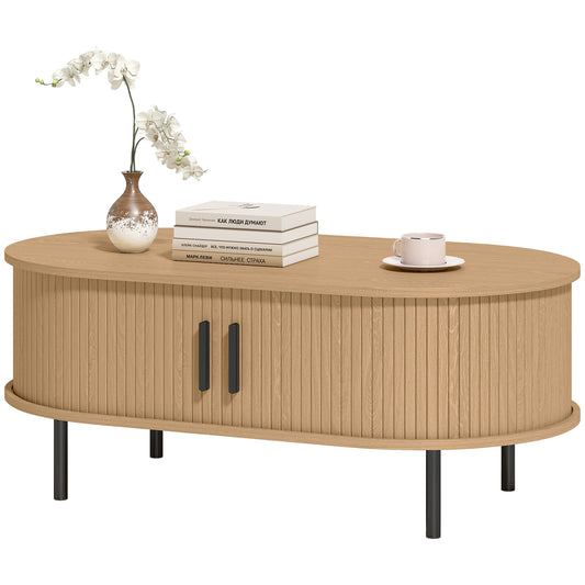 Coffee Table with Sliding Tambour Doors and Storage Center Table with Metal Legs, 39", Natural