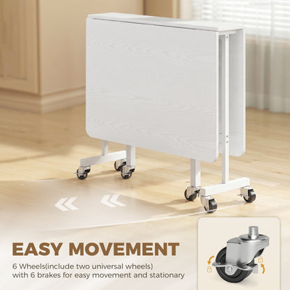 Six-Seater Drop-Leaf Dining Table with Wheels, White