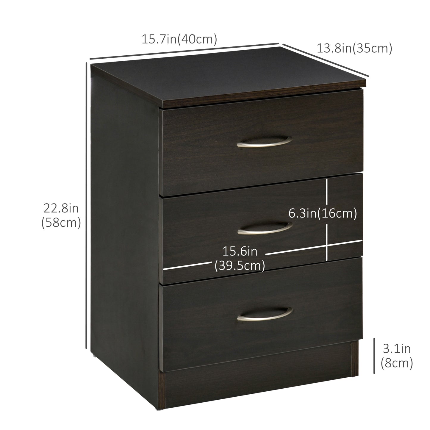 Bedside Table with 3 Drawers, Modern Wood Nightstand, Side Table with Anti-tipping Design for Bedroom, Set of 2, Dark Br