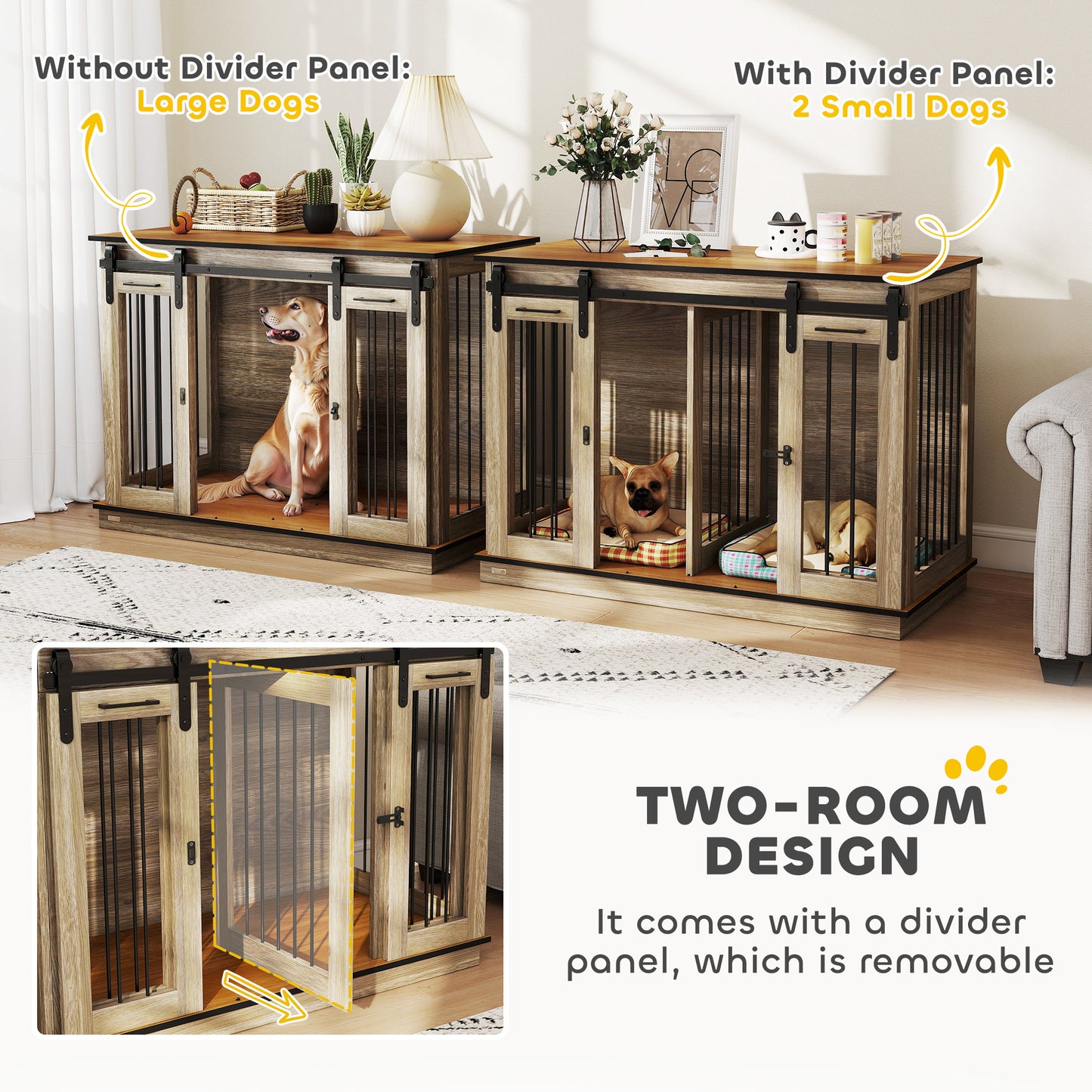 47in Dog Crate Furniture with Divider Panel, Wooden Dog Kennel TV Stand for Large Dogs, Pet House Side Table for 2 Small