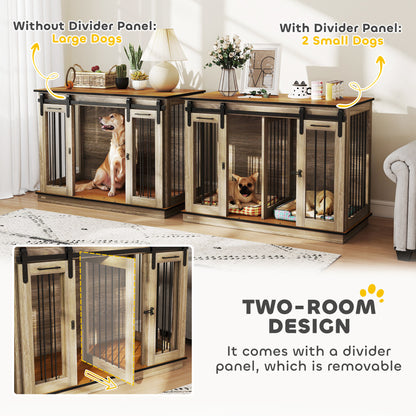 47in Dog Crate Furniture with Divider Panel, Wooden Dog Kennel TV Stand for Large Dogs, Pet House Side Table for 2 Small