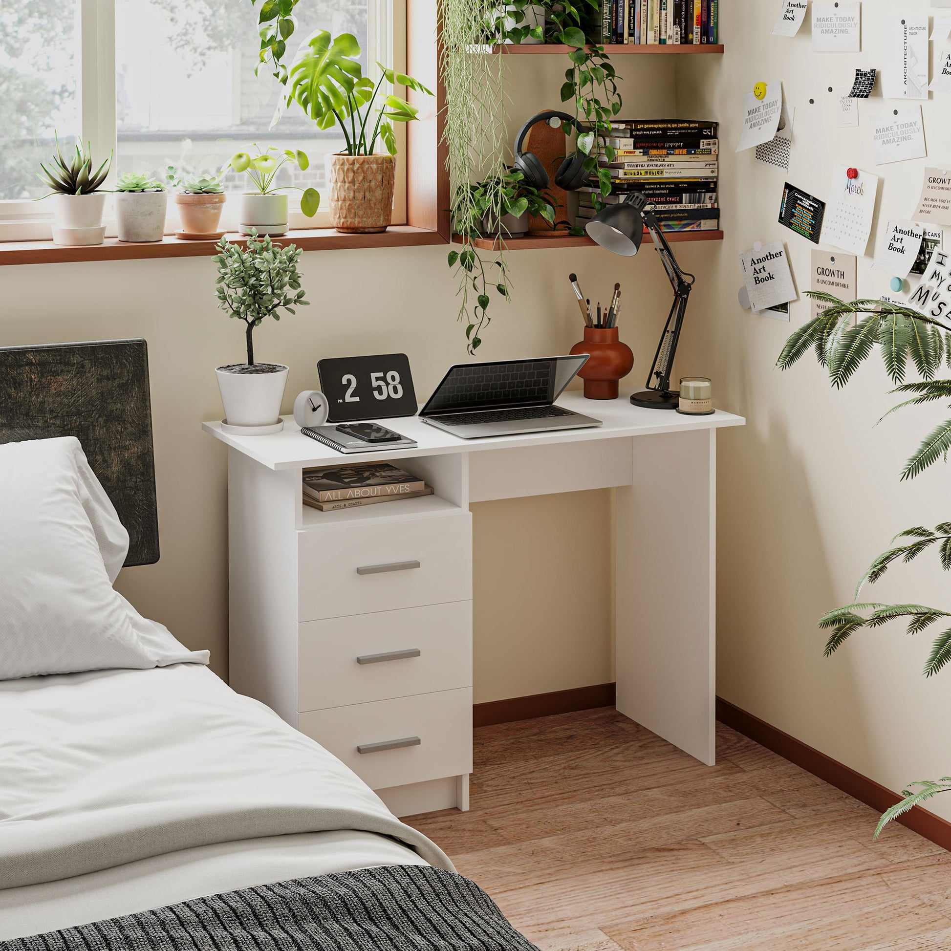Computer Desk with Storage, 39" Home Office Desk with 3 Drawers nad Open Shelf, Writing Table for Bedroom, White
