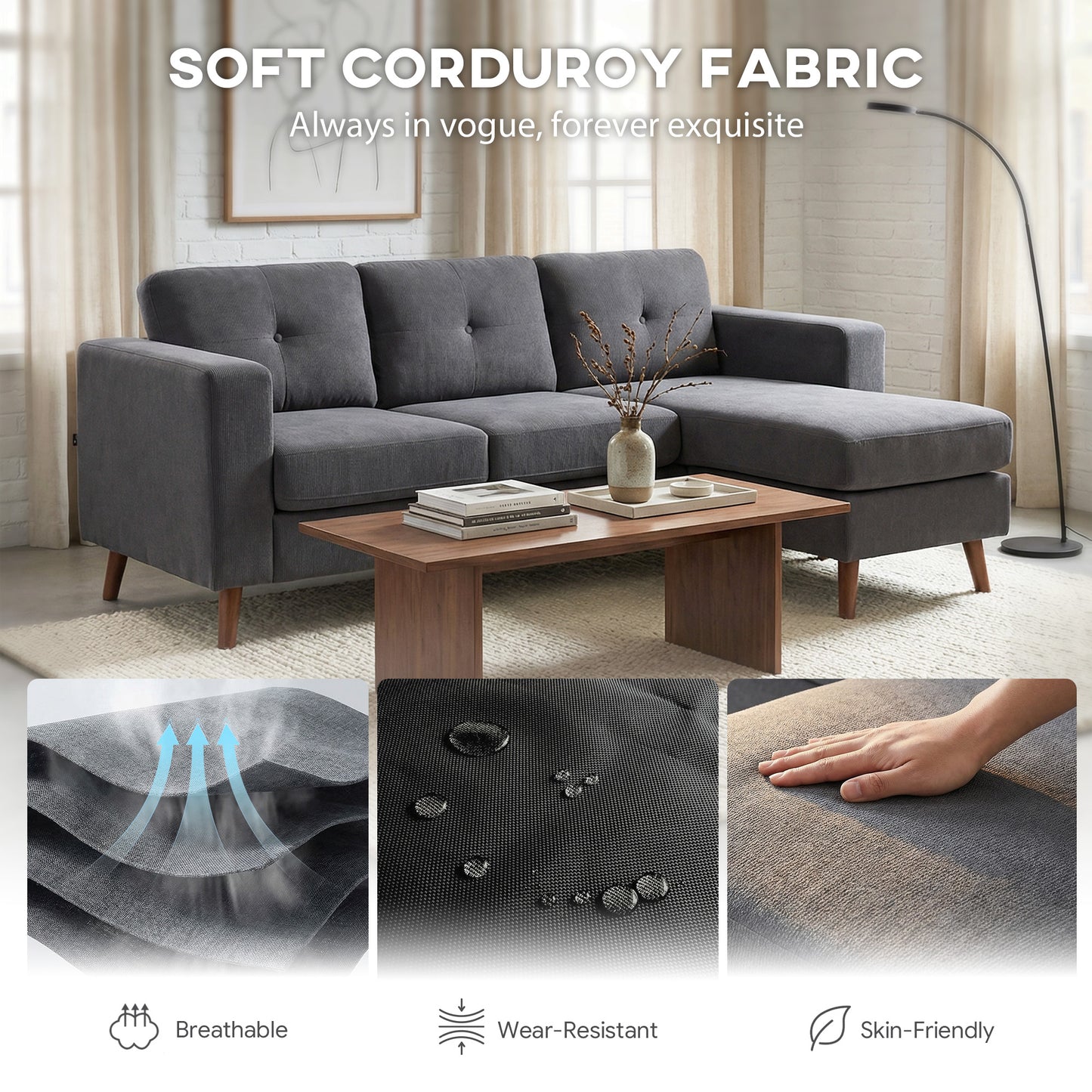 Sectional Sofa with Changeable Chaise Lounge, 3 Seat L-Shaped Small Space Sofa, Upholstered Couch for Small Space, Dark 
