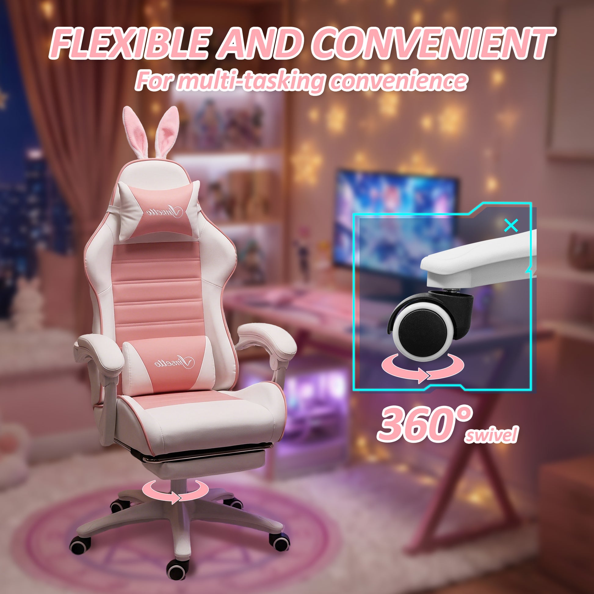 Cute Racing Gamer Chair, PU Leather Gaming Chair with Footrest, Headrest and Lumbar Support, Pink