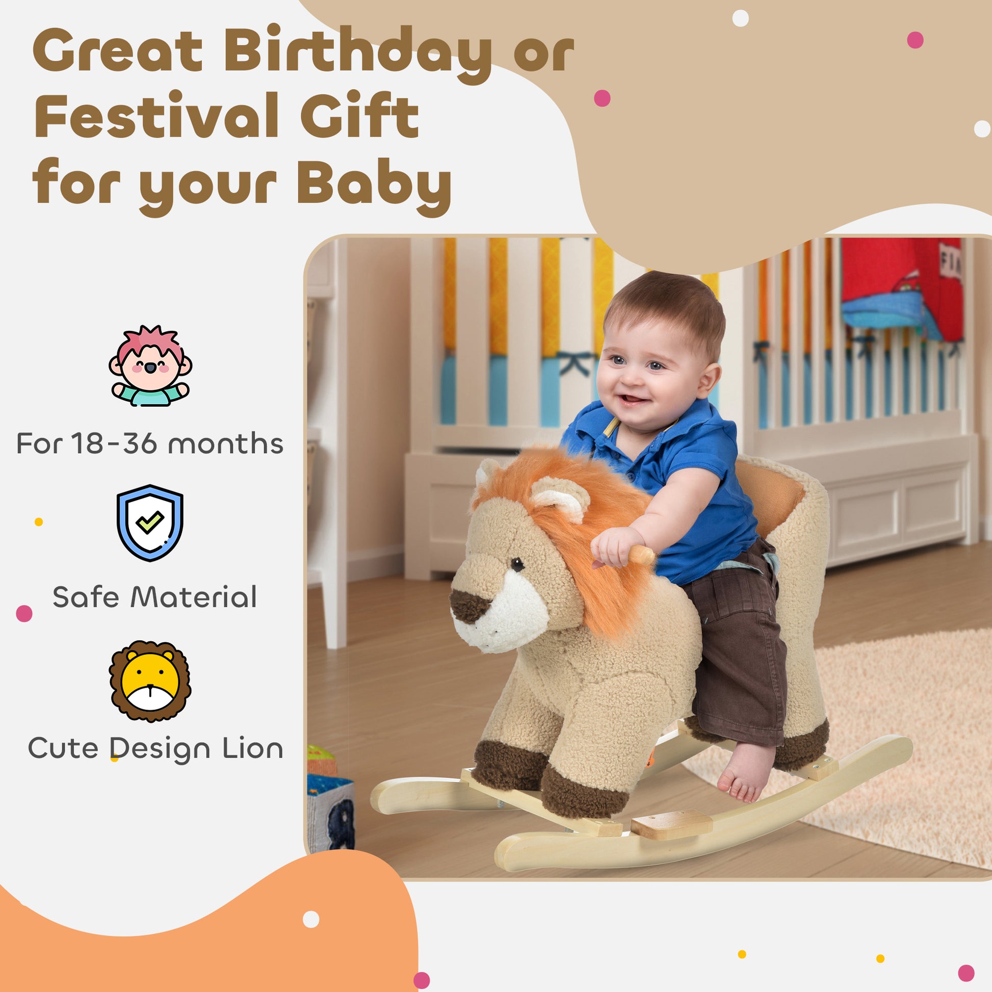 Qaba Baby Rocking Horse Lion Design Plush Stuffed Rocking Chair, Wooden Rocking Horse with Sound, Seat Belt for Boys and