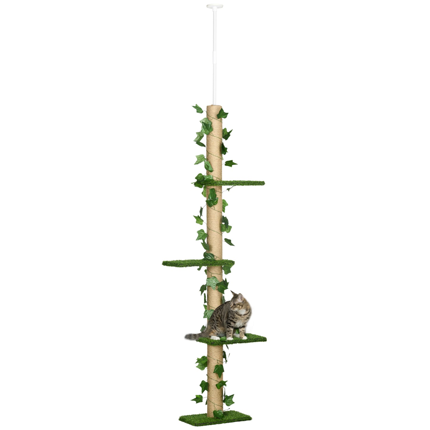 4-Tier Floor to Ceiling Cat Tree, Height(80-95Inches)Adjustable, Tall Cat Tower w/ Anti-Slip Kit, Leaves, Multi-Layer Ac