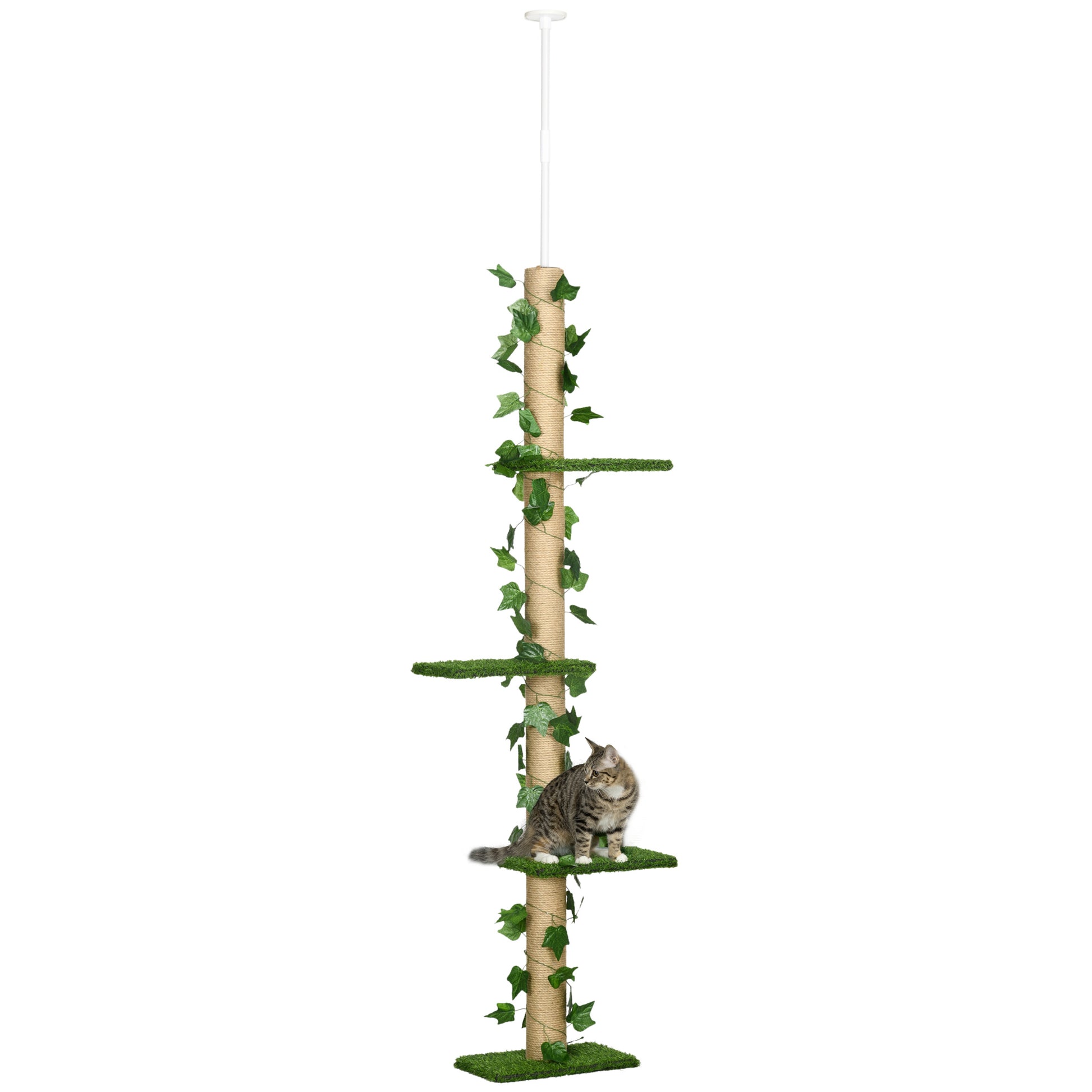 4-Tier Floor to Ceiling Cat Tree, Height(80-95Inches)Adjustable, Tall Cat Tower w/ Anti-Slip Kit, Leaves, Multi-Layer Ac