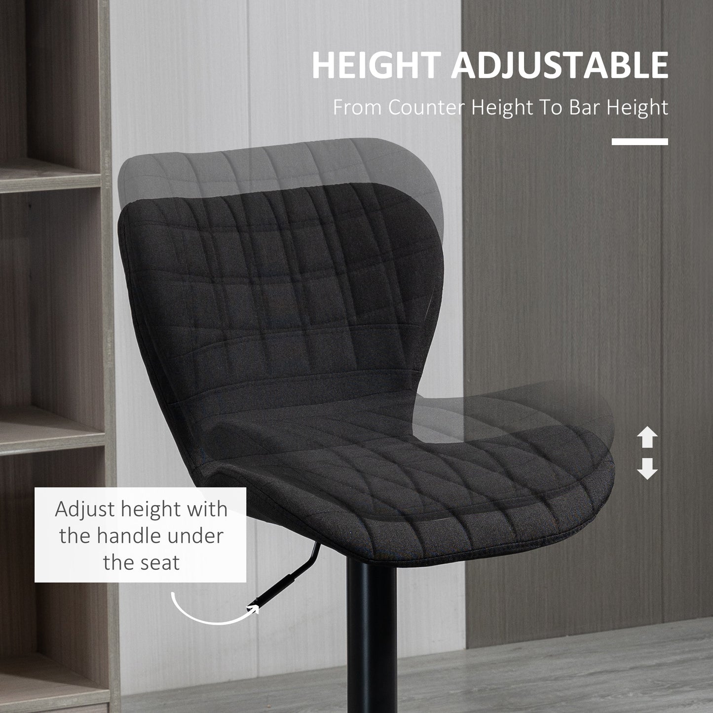 Bar Stools Set of 2, Adjustable Height Swivel Bar Chairs, Linen-feel Fabric Upholstered Kitchen Counter Stools with Wide