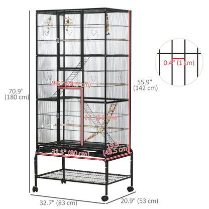 71" Bird Cage with Wheels Perches, Ramp, Storage Shelf, Toys for Canaries, Finches, Cockatiels, Parakeets, Black