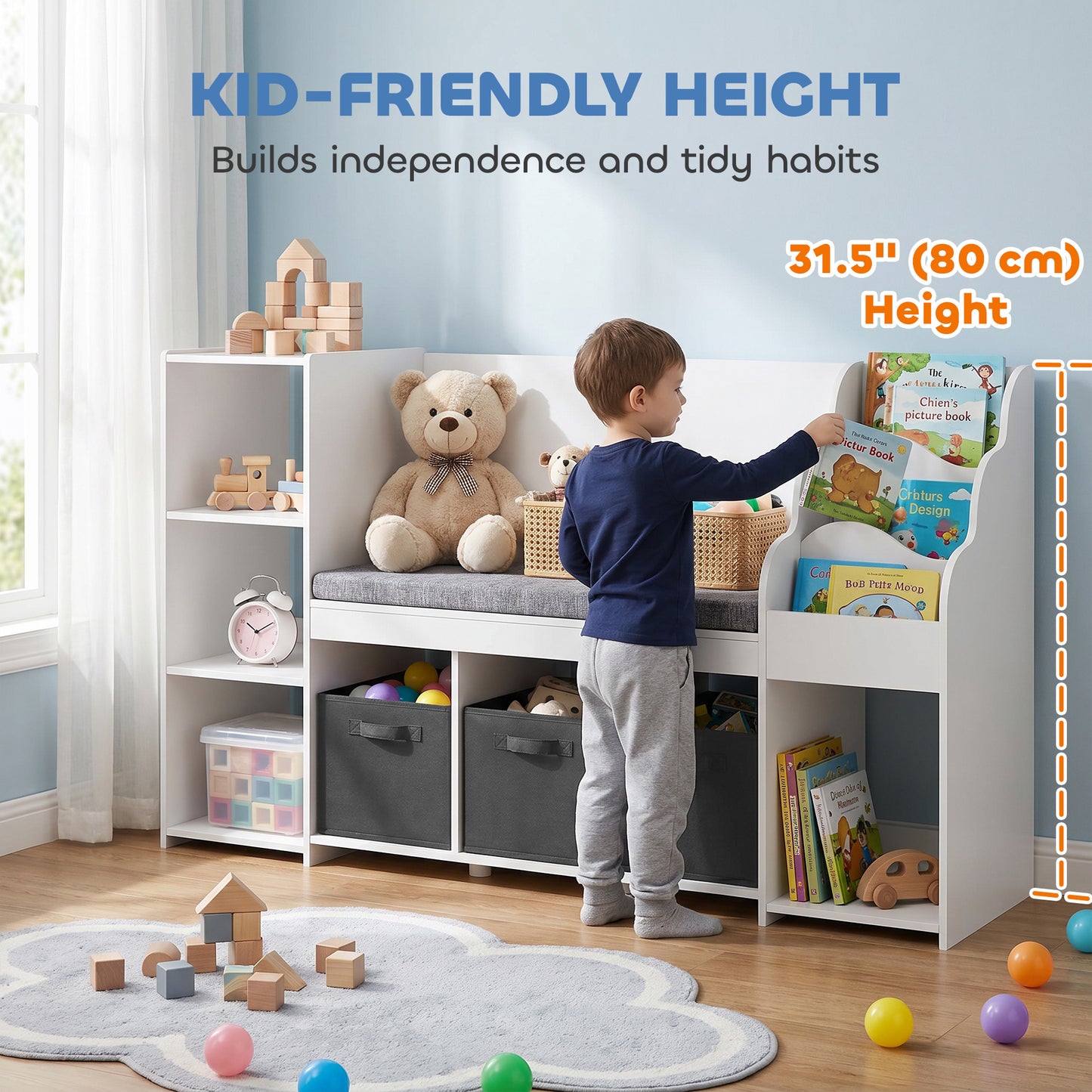 Qaba Kids Storage Shelf with Reading Nook, Toy Storage Organizer with Seat Cushion, 3 Fabric Drawers for Playroom, Nurse
