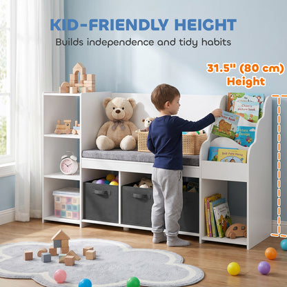 Qaba Kids Storage Shelf with Reading Nook, Toy Storage Organizer with Seat Cushion, 3 Fabric Drawers for Playroom, Nurse