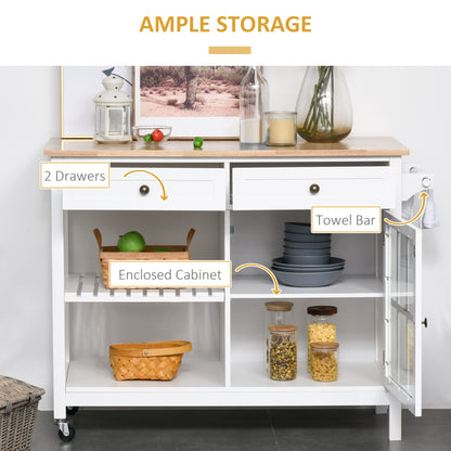 Kitchen Cart on Wheels, Utility Storage Island with Rubber Wood Top, Towel Rack, Cabinets, Drawers, White