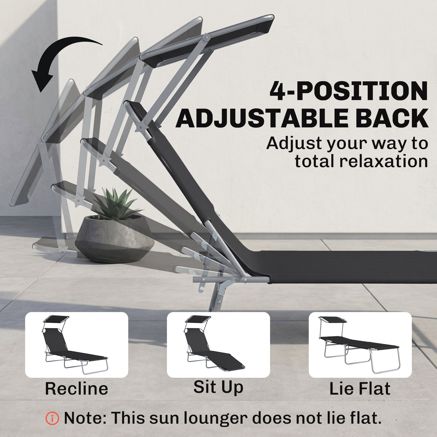 Outdoor Lounge Chair, Adjustable Folding Chaise Lounge, Tanning Chair with Sun Shade for Beach, Camping, Hiking, Backyar
