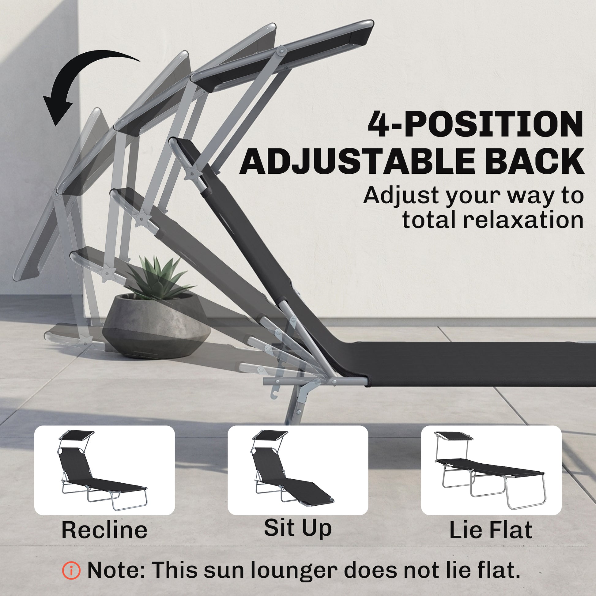 Outdoor Lounge Chair, Adjustable Folding Chaise Lounge, Tanning Chair with Sun Shade for Beach, Camping, Hiking, Backyar