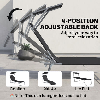 Outdoor Lounge Chair, Adjustable Folding Chaise Lounge, Tanning Chair with Sun Shade for Beach, Camping, Hiking, Backyar