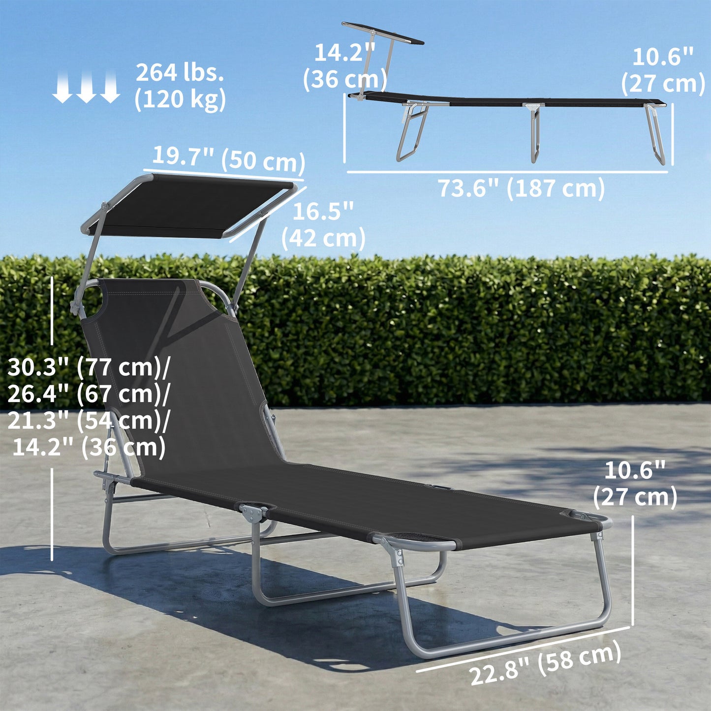 Outdoor Lounge Chair, Adjustable Folding Chaise Lounge, Tanning Chair with Sun Shade for Beach, Camping, Hiking, Backyar
