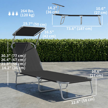 Outdoor Lounge Chair, Adjustable Folding Chaise Lounge, Tanning Chair with Sun Shade for Beach, Camping, Hiking, Backyar