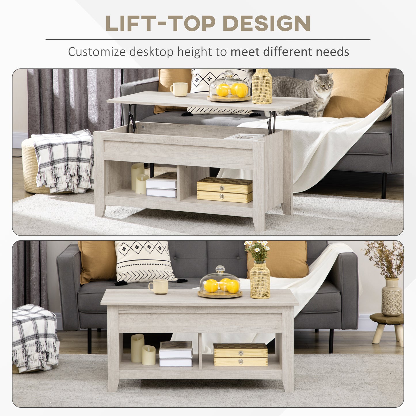 Lift Top Coffee Table with Hidden Storage Compartment and Open Shelves, Lift Tabletop Pop-Up Center Table for Living Roo