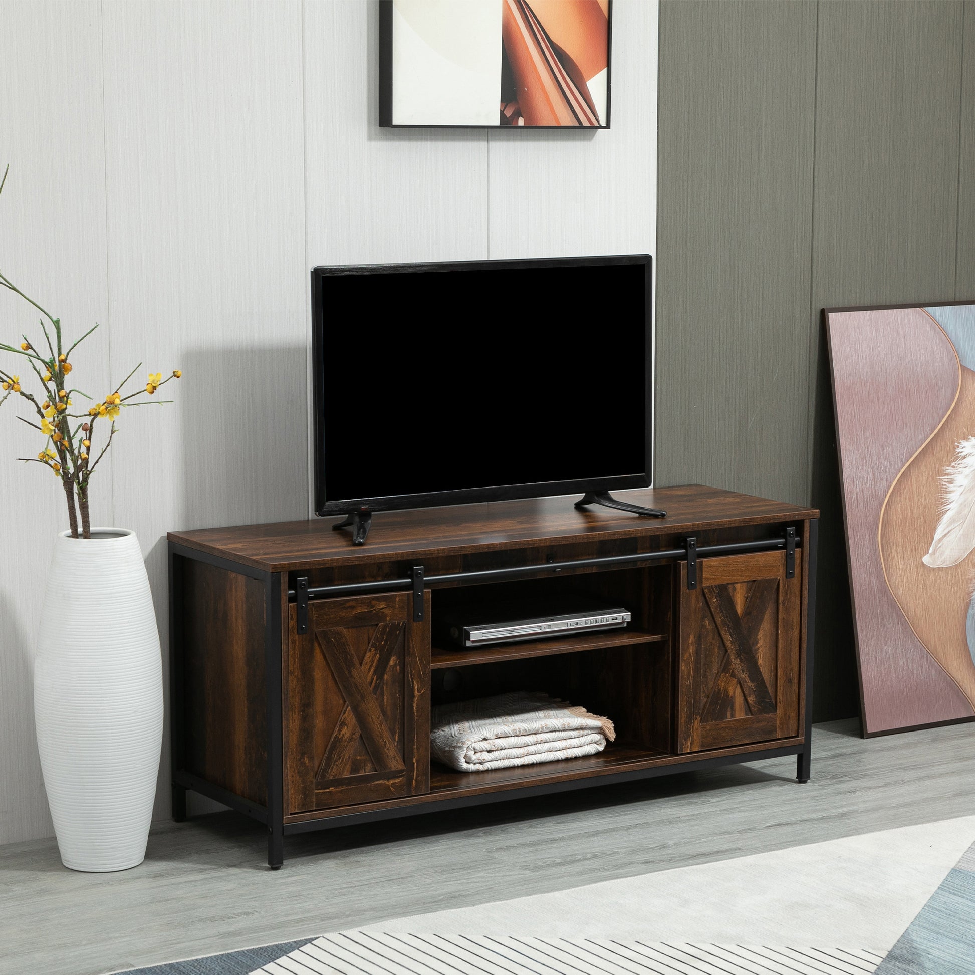 Industrial TV Stand for TVs up to 60", TV Console with Storage and 2 Sliding Barn Doors, Freestanding Entertainment Unit