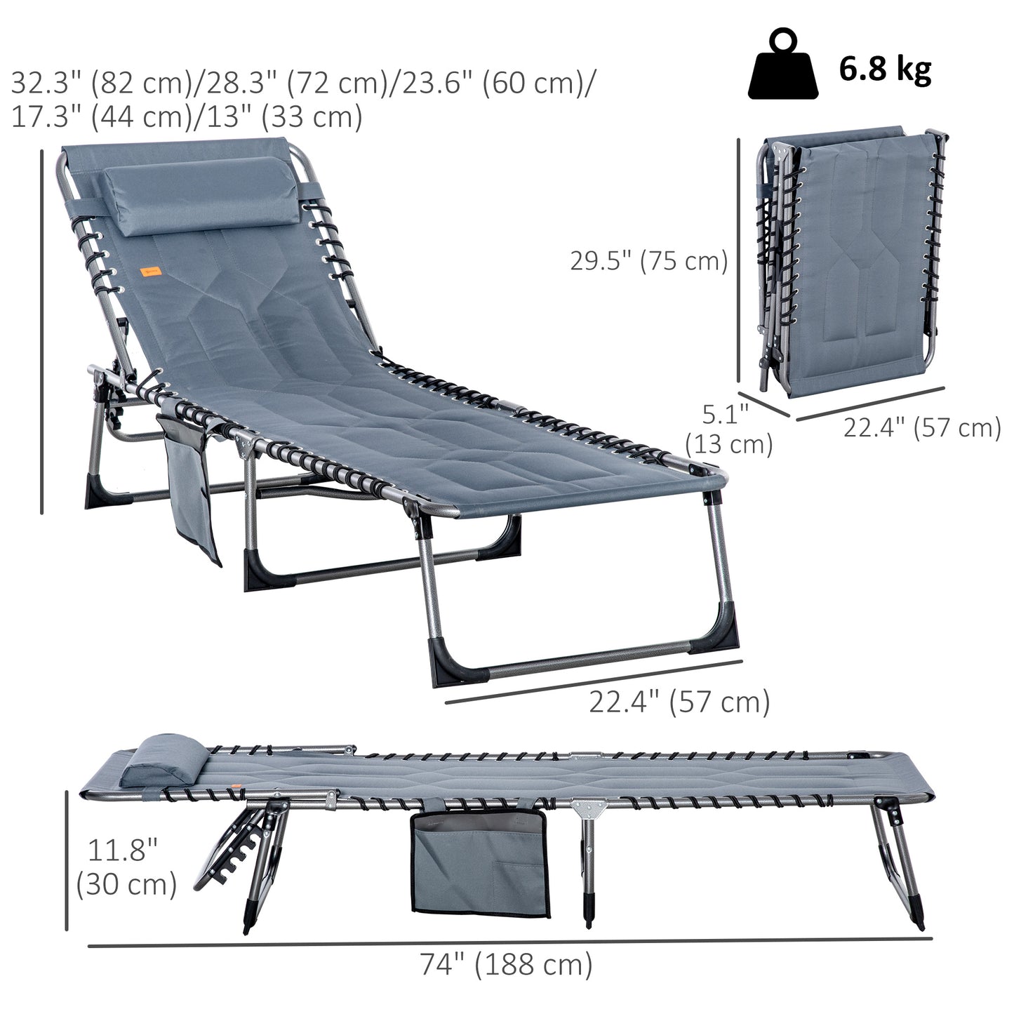 Outdoor Lounge Chair, Folding Chaise Lounge, Patio Padded Tanning Chair with 5-position Adjustable Backrest, Pillow and 