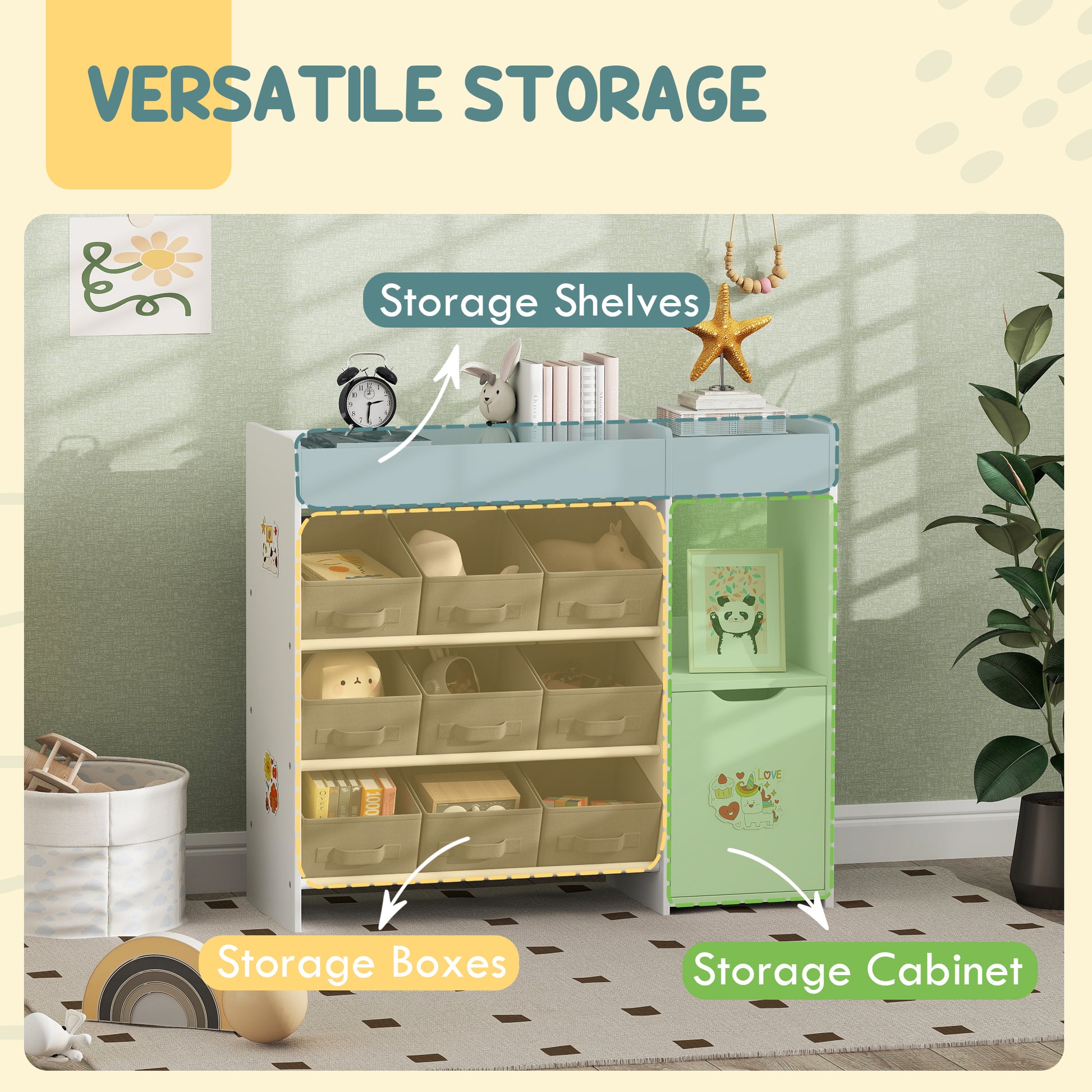 Qaba Toy Storage Organizer with 9 Non-Woven Fabric Boxes, Storage Cabinet & Shelves, for Kids Room, Nursery, Playroom Wh