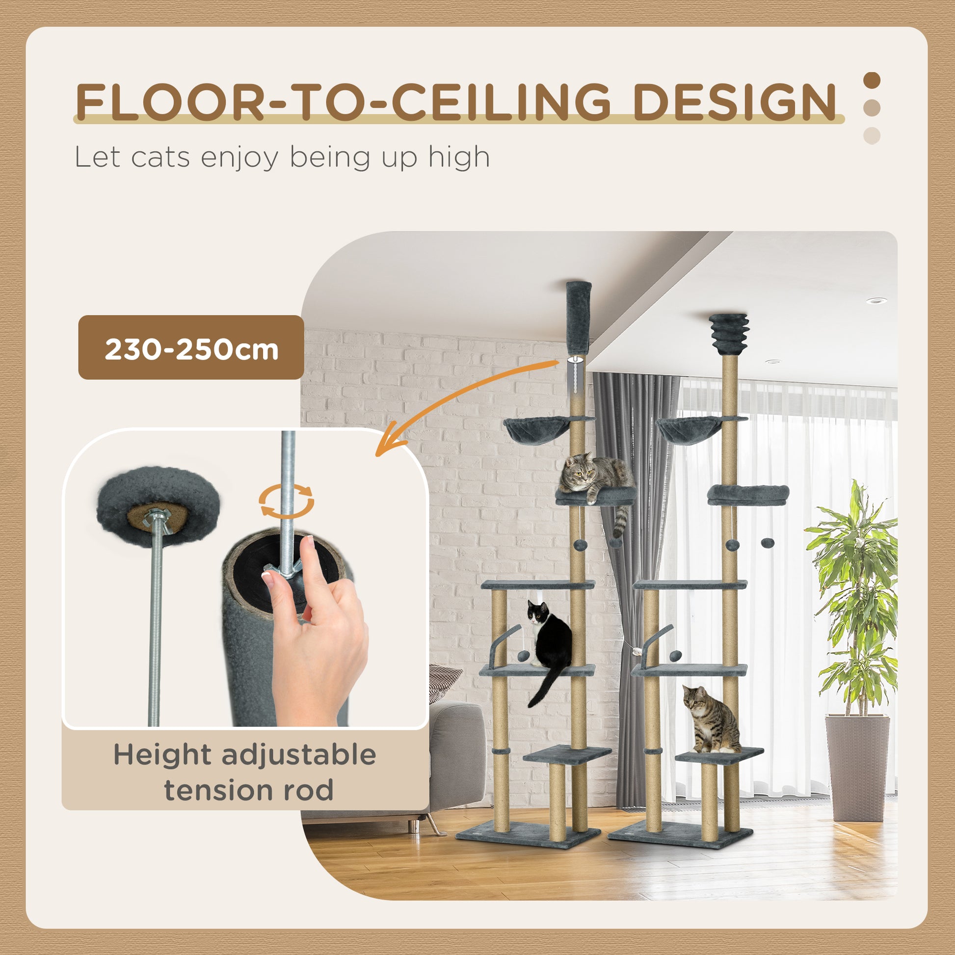 Floor to Ceiling Cat Tree, 90.5" - 98.5" Cat Tower with Scratching Post, Dangling Balls, Platforms, Bed, Hammock, Grey