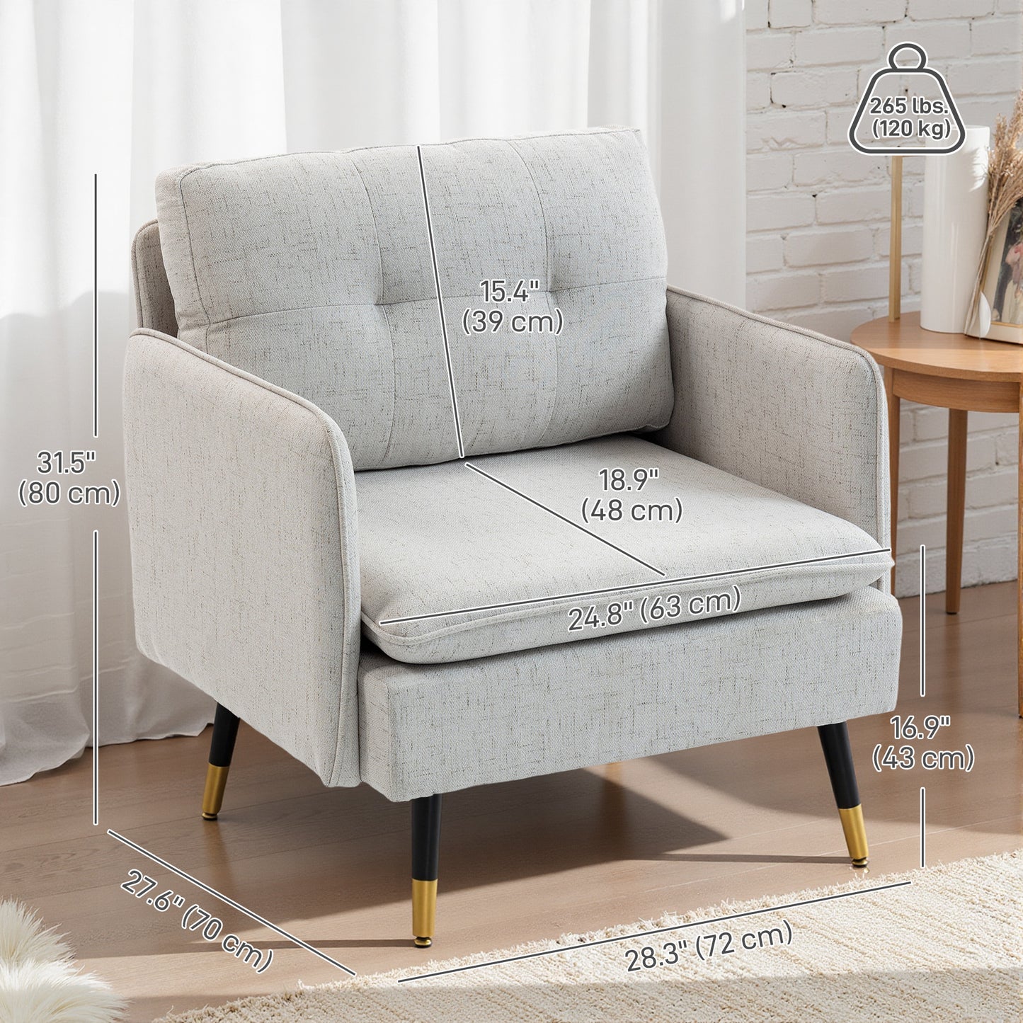 Accent Chairs Set of 2, Upholstered Armchairs with Tufted Back Cushion and Steel Legs for Living Room, Bedroom