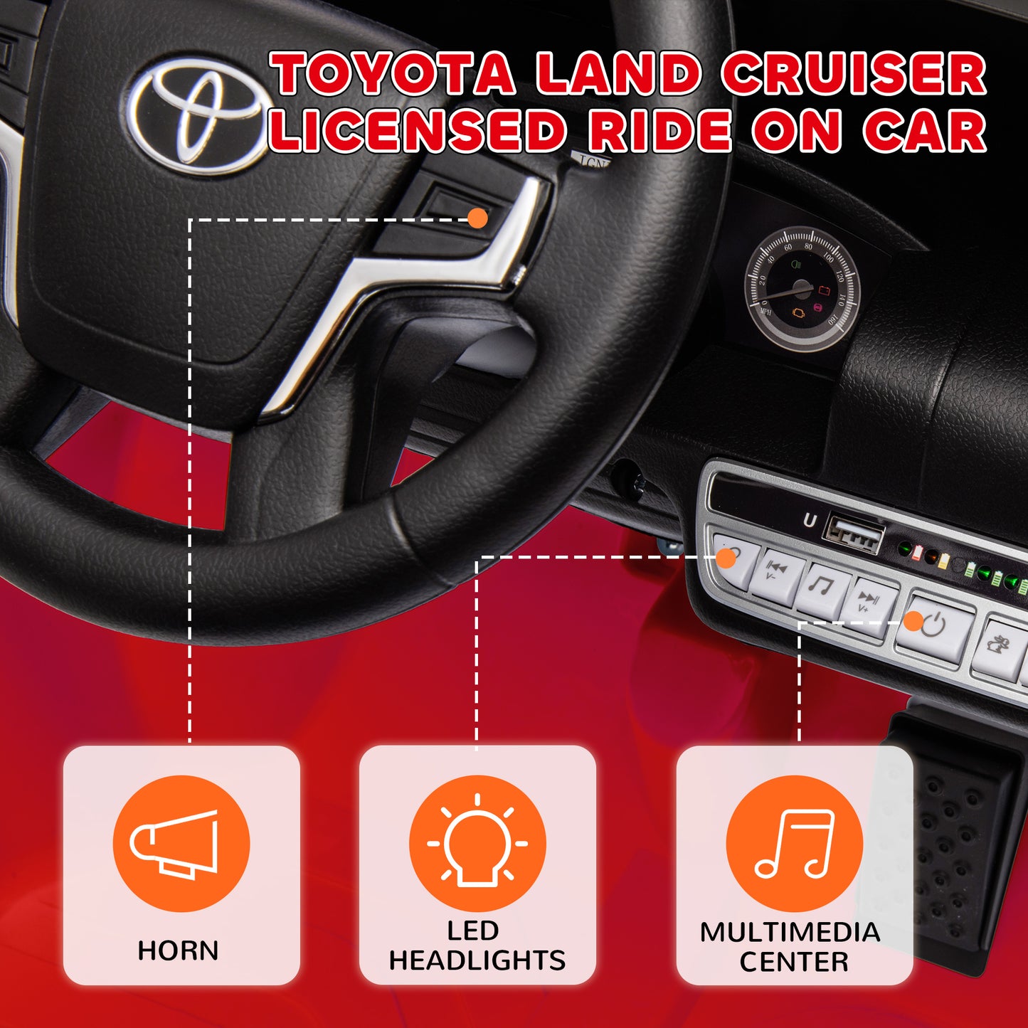 Qaba 12V Toyota LAND CRUISER Licensed Kids Car w/ Remote Control, Four Wheel Spring Suspension, Soft Start, LED Light, R