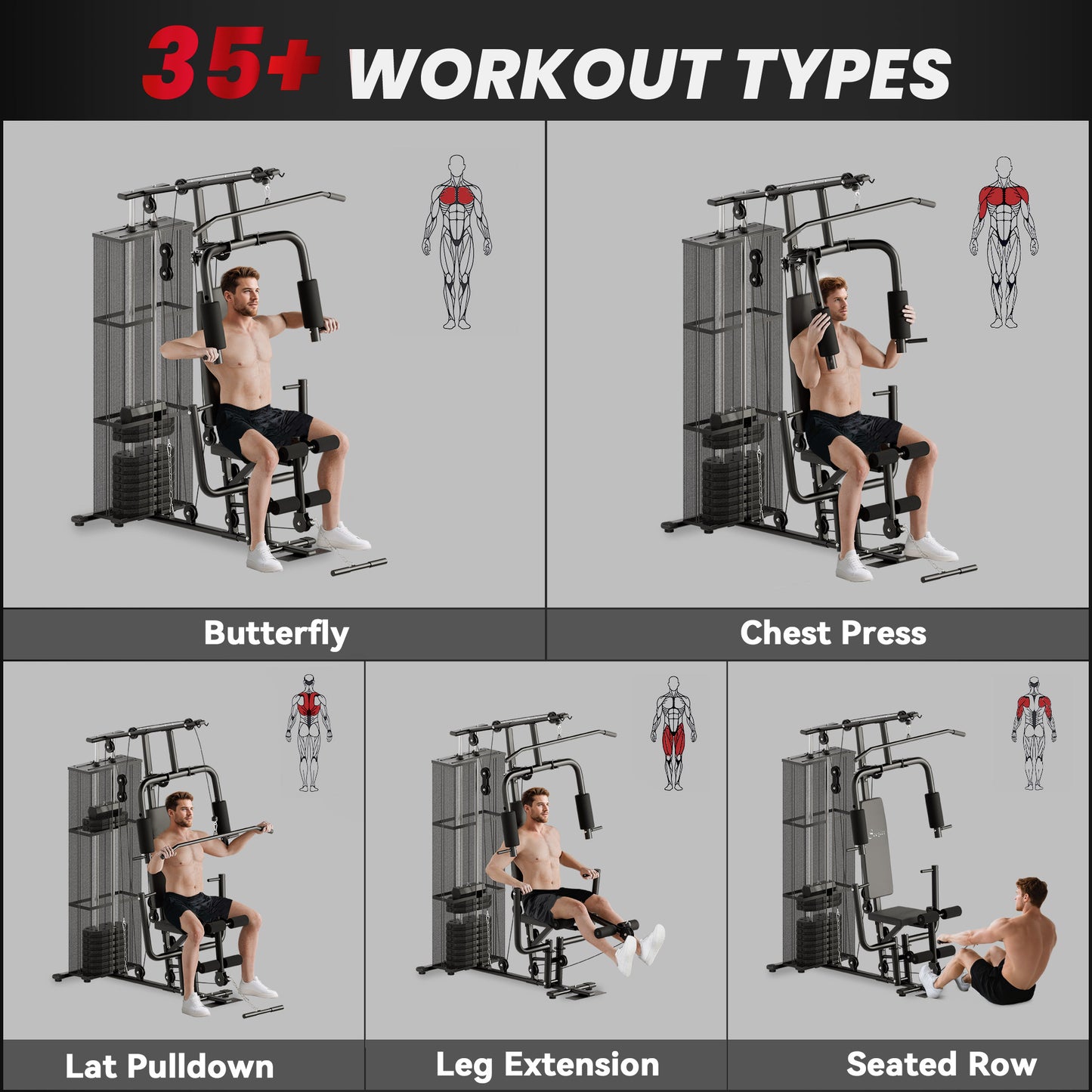 Soozier Home Gym, Multifunction Gym Equipment Workout Station with 100Lbs Weight Stack for Lat Pulldown, Leg Extensions,