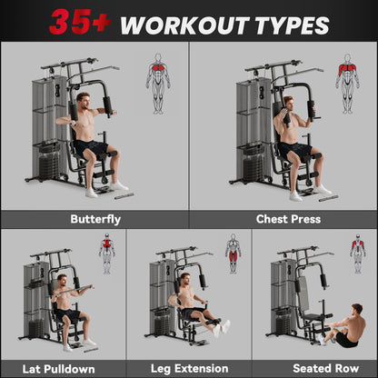 Soozier Home Gym, Multifunction Gym Equipment Workout Station with 100Lbs Weight Stack for Lat Pulldown, Leg Extensions,