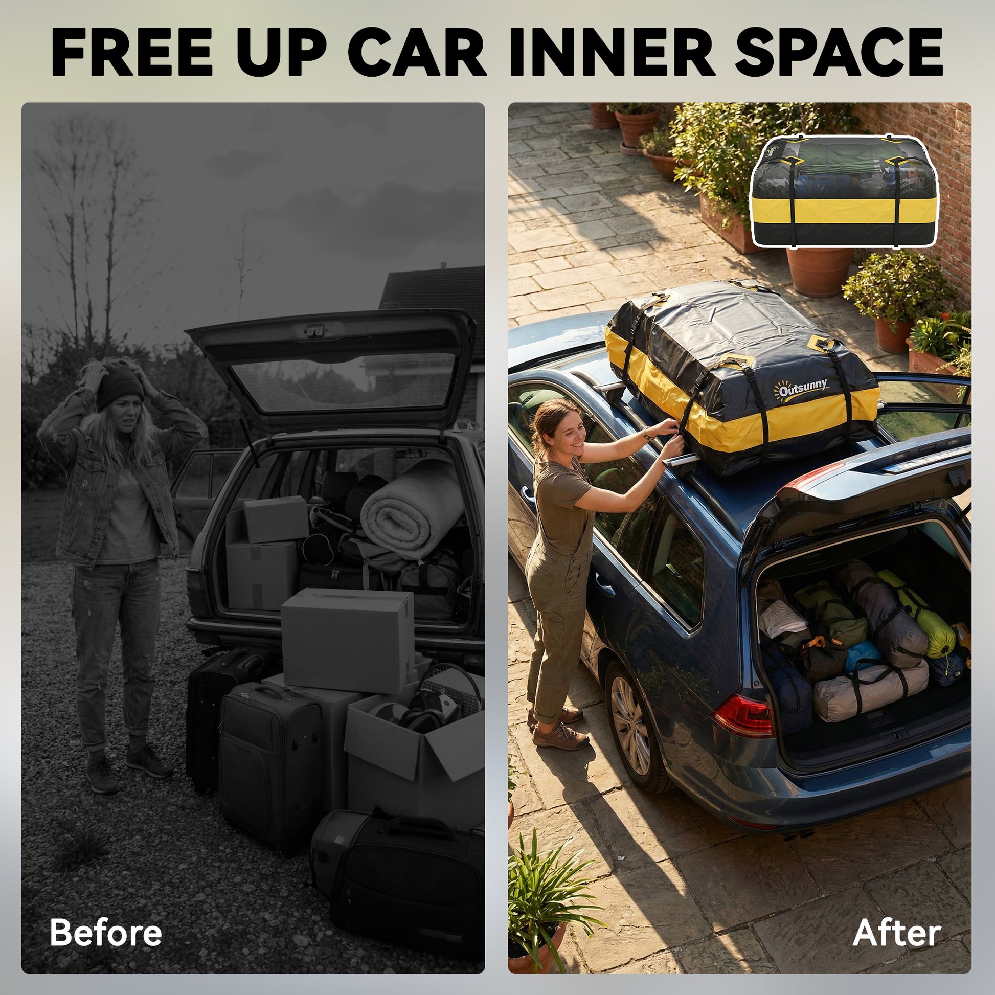 Rooftop Cargo Carrier, 15 Cubic Feet Waterproof Soft-Shell Car Roof Storage Bag with Door Hooks, Anti-Slip Mat