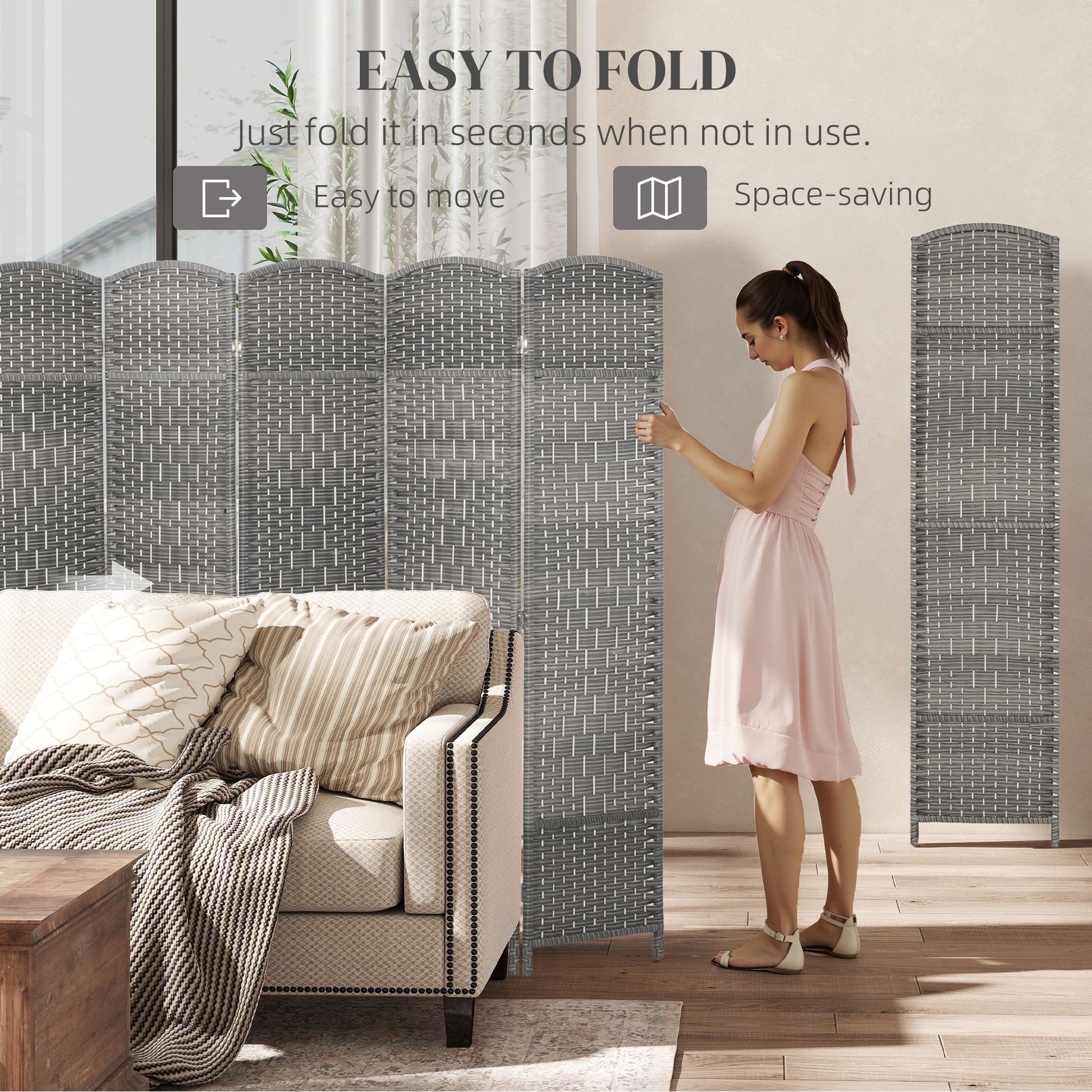 6 Ft Tall Folding Room Divider, 8 Panel Portable Privacy Screen, Hand-Woven Partition Wall Divider, Mixed Grey