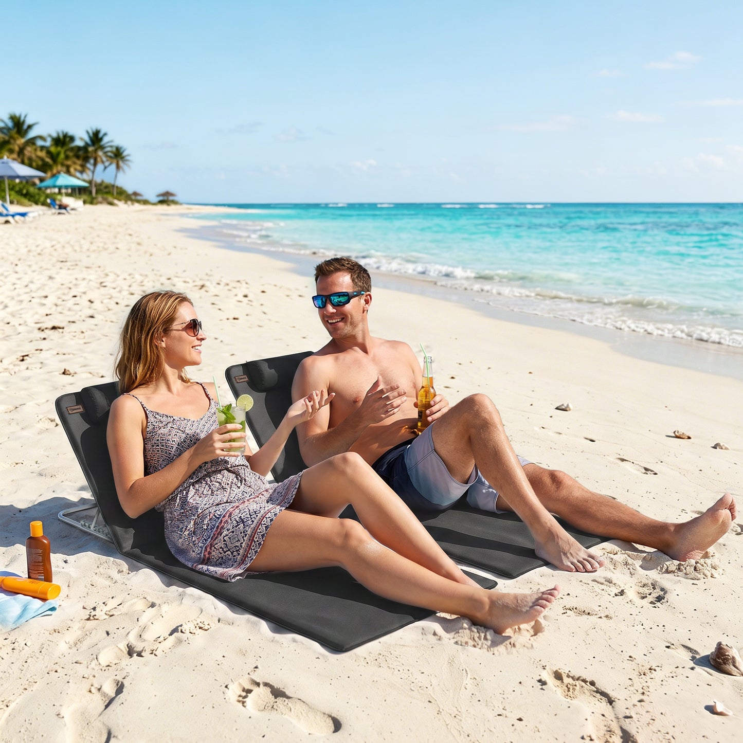 2 Pieces Beach Lounge Chair, Outdoor Folding Chaise Lounge Set w/ Pillow for Sunbath, Snap, Black