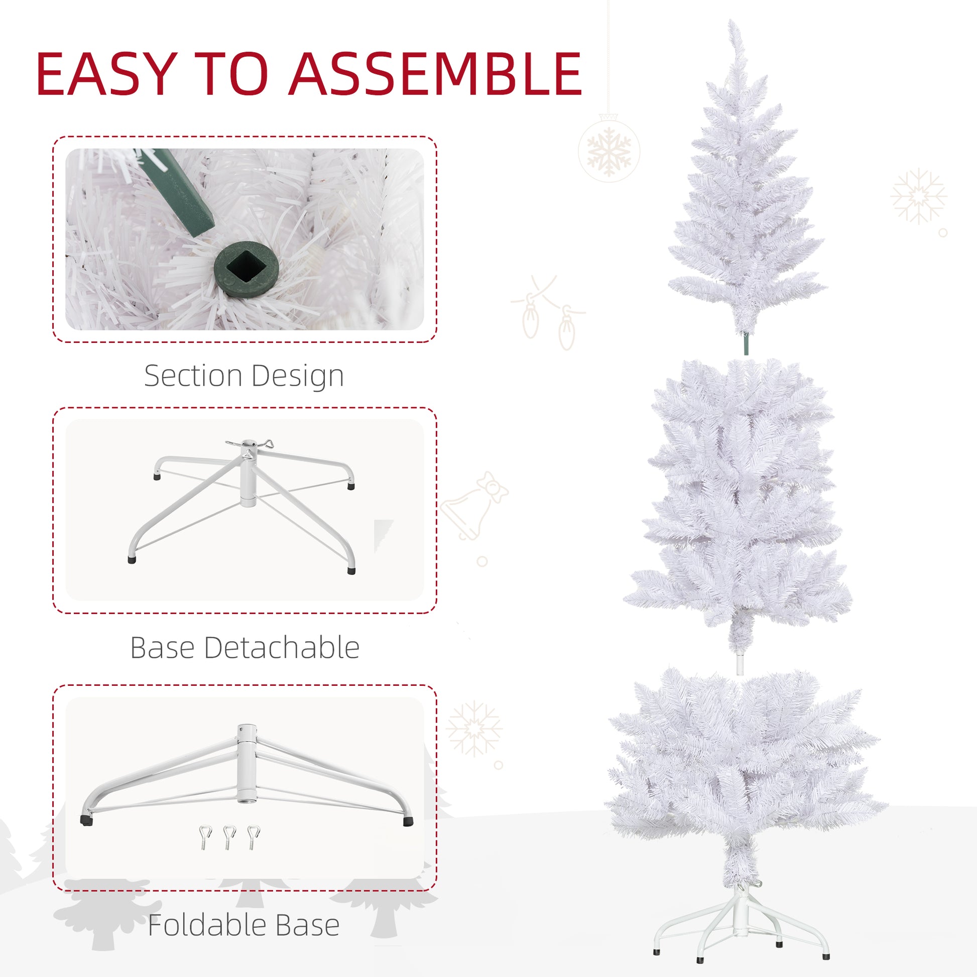 6ft Tall Pencil Artificial Christmas Tree with 479 Branch Tips with Steel Base, White