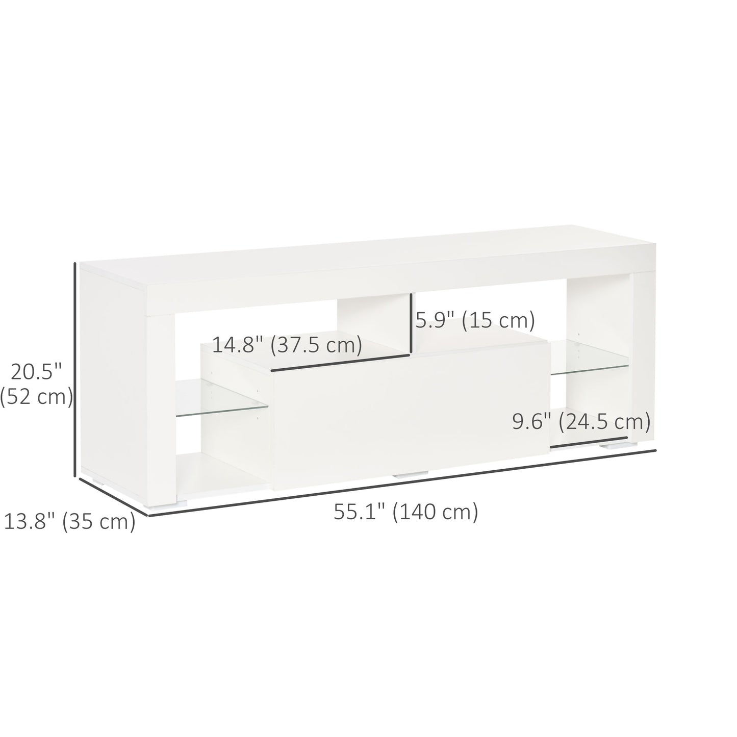 TV Stand for 55-Inch TVs, High Gloss TV Bench with LED Lights, Remote Control, Storage Drawer and Shelves, Entertainment