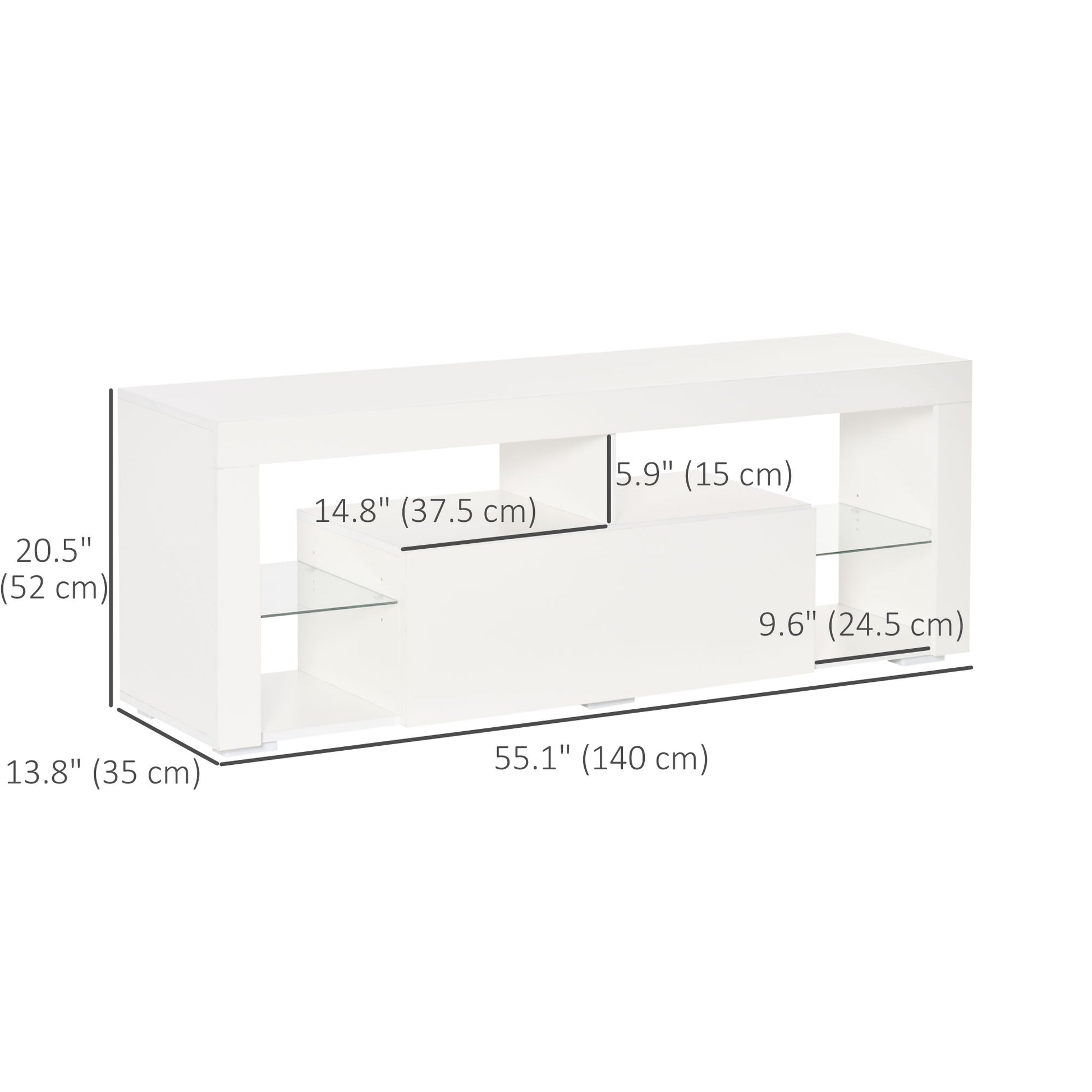 TV Stand for 55-Inch TVs, High Gloss TV Bench with LED Lights, Remote Control, Storage Drawer and Shelves, Entertainment