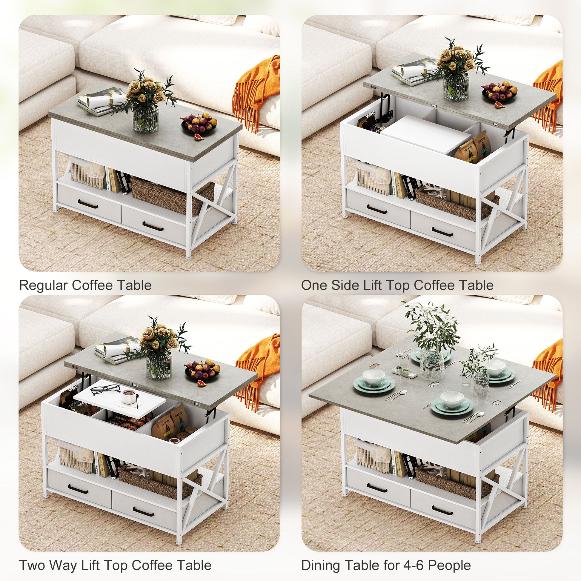 Modern Coffee Table, Lift Top Center Table with Fabric Drawers and Hidden Storage for Living Room, Cement Grey