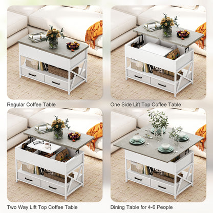 Modern Coffee Table, Lift Top Center Table with Fabric Drawers and Hidden Storage for Living Room, Cement Grey