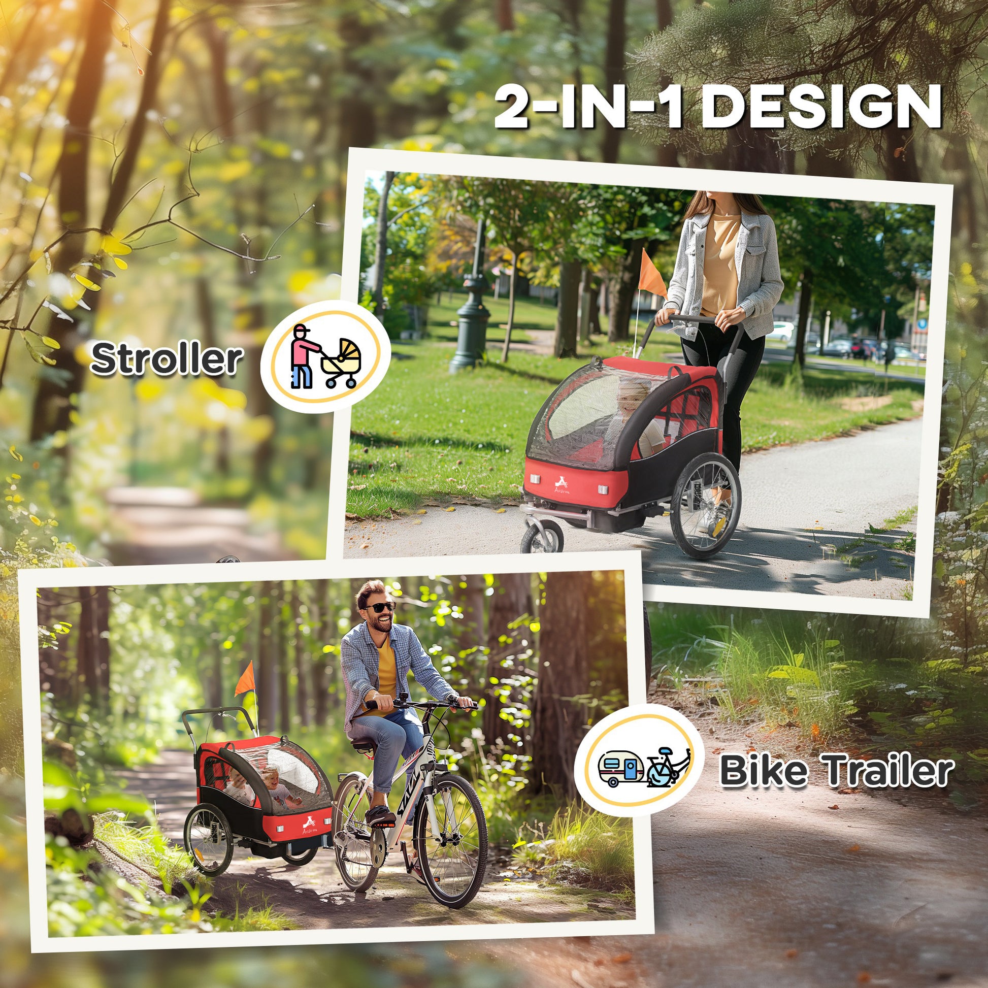 VarietyKart 2-in-1 Bike Trailer for Kids, Foldable 2-Seat Baby Stroller with 5-Point Harness, Rubber Wheels, Storage Bag