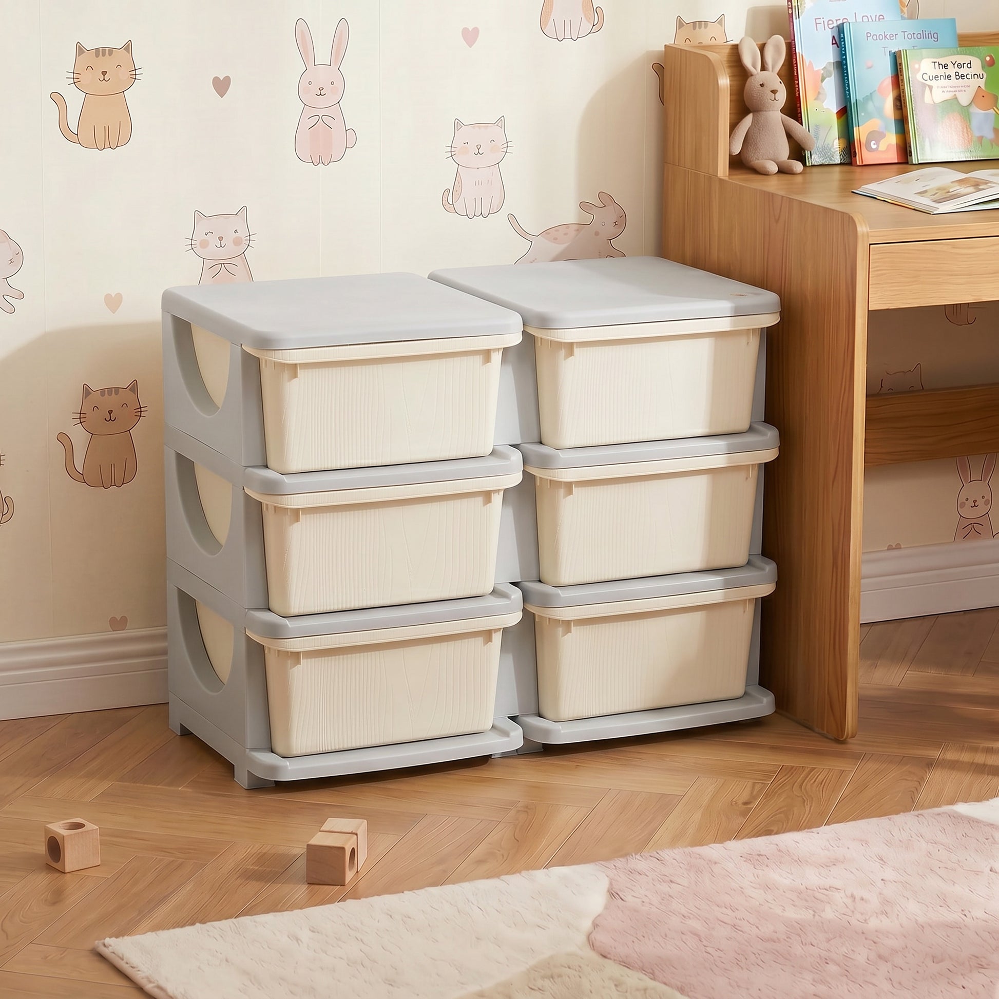 Qaba 3 Tier Kids Toy Organizer and Storage Bins with 6 Plastic Drawers, Cream White