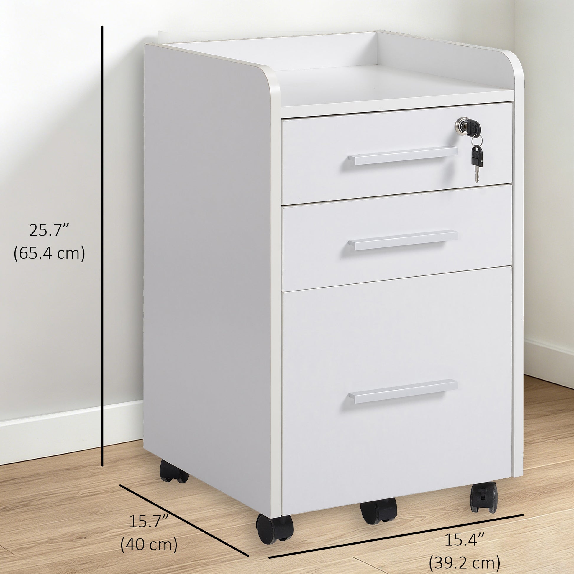 3 Drawer File Cabinet with Lock and Edged Top, Lockable Filing Cabinet on Wheels for Letter and A4 Size, White